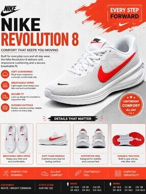 Nike Revolution 8 Men's Running Shoes - White / Bright Crimson